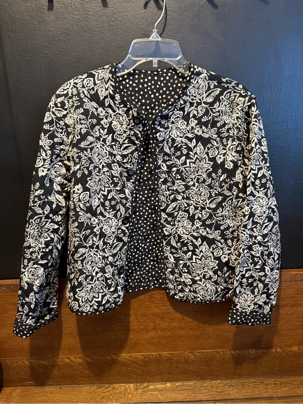 Womens Black & White Reversible Floral/polkadot Quilted Jacket